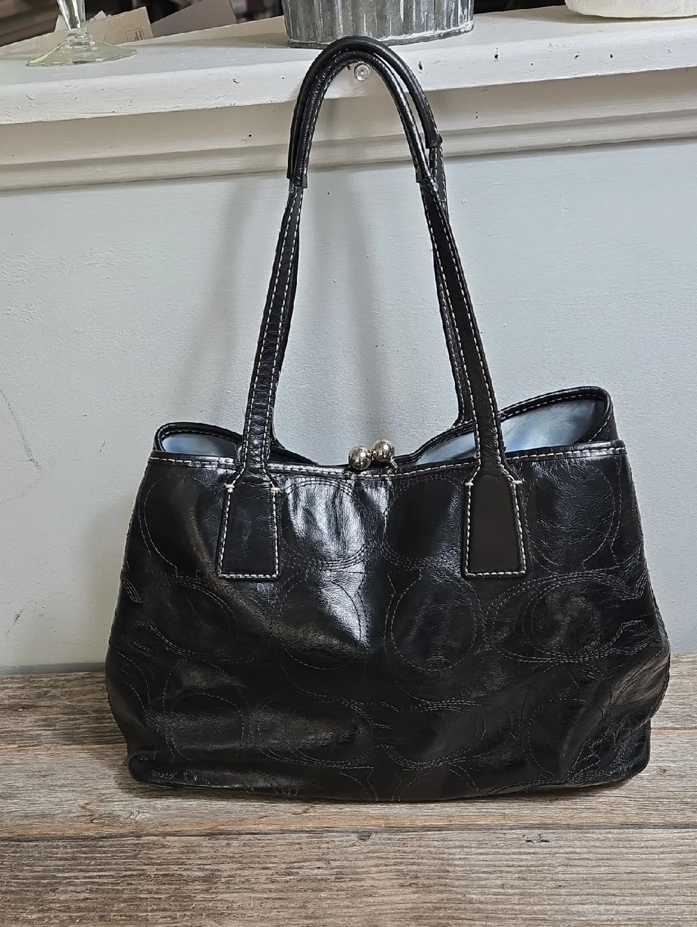 Coach Black Kiss Lock Leather Tote with Signature Medallion